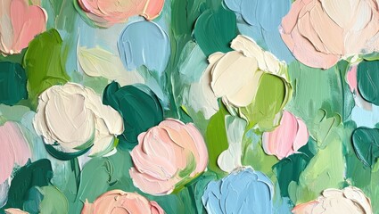 Abstract oil painting of soft floral brush strokes in green, blue, pink tones, artistic vertical wallpaper. Generative AI.
