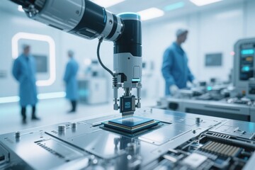 Fototapeta premium Close-up of robotic arm assembling AI chips in sterile lab, with blurred background