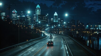 
Highway traffic with driving cars on bridge in downtown district of Cincinnati city in Ohio, USA. American city skyline with brightly illuminated high commercial buildings at night