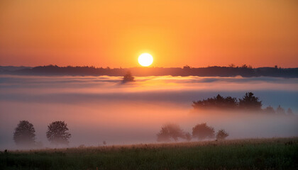 Fototapeta premium sun rising behind dense morning fog creating a soft diffused glow in the sky the thick mist slowly moves partially obscuring the sun during a tranquil dawn scene