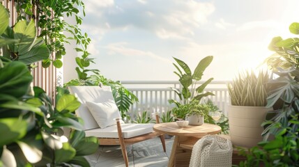 A serene balcony scene featuring a wooden table, white chair, and lush green plants against a sunny sky backdrop, perfect for relaxation.