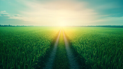 Fototapeta premium Dirt road through green field at sunset