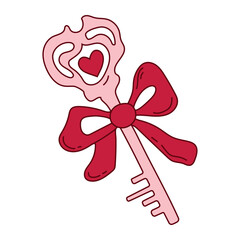 Pink key unlocking heart lock in a coquette aesthetic. Festive element for Valentine's Day. Vector illustration in doodle style for decoration, stickers, invitations, diaries and scrapbooks.