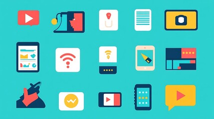 Collection of flat communication icons like WiFi, texting, and video conferencing on a solid teal background