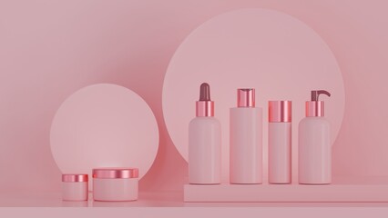 Cosmetic Products on Podium with Pink Background, Beauty and Skincare Concept