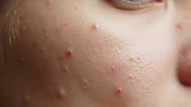 Close-up of Acne Pustules, Redness, Skin Inflammation