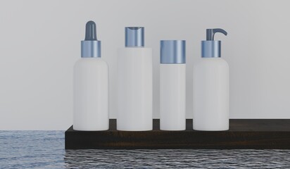 Cosmetic Products on Podium with water white Background, Beauty and Skincare Concept
