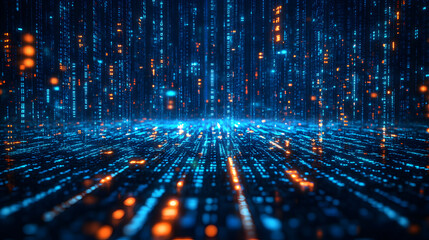 Obraz premium Abstract digital data stream visualization; blue and orange particles falling on dark background.