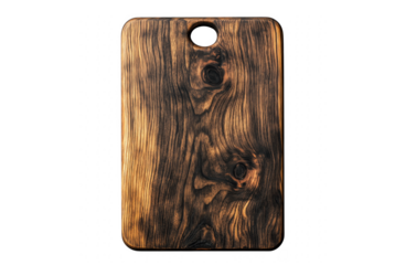 Rustic wooden cutting board with handle hole exhibiting natural grain texture and warm tones transparent background