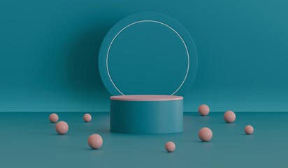 Blue product presentation platform, podium stand with balls