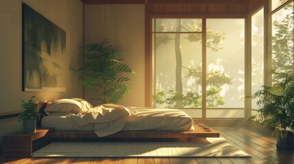
A beautifully designed modern bedroom featuring large windows that provide ample natural light, a comfortable bed, and a minimalistic decorate style, perfect for relaxation.