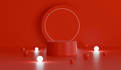 red product presentation platform, podium stand neon lights with small balls glowing