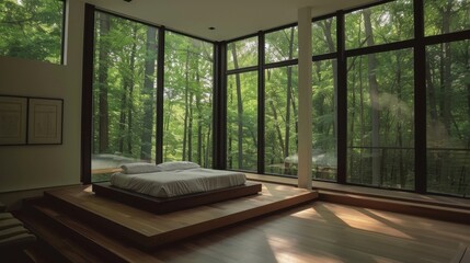 
A beautifully designed modern bedroom featuring large windows that provide ample natural light, a comfortable bed, and a minimalistic decorate style, perfect for relaxation.