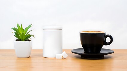 White Potted Plant Black Coffee Cup Sugar Cubes White Container