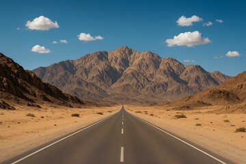 Endless Road Journey Through Arid Desert Landscape Under a Clear Blue Sky with Mountains and Scattered Clouds