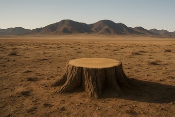 Solitary Tree Stump Stands Tall Against a Desert Landscape Backdrop Evoking Themes of Resilience and Environmental Concerns