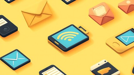 Communication technology icons featuring WiFi, email, and mobile devices isolated on yellow background