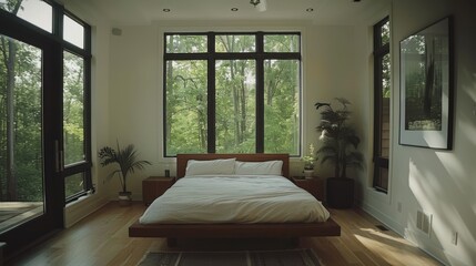 
A beautifully designed modern bedroom featuring large windows that provide ample natural light, a comfortable bed, and a minimalistic decorate style, perfect for relaxation.