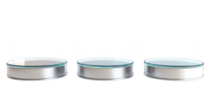 Three petri dishes in a row on transparent png background