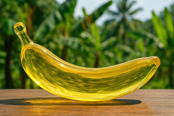Crystal yellow banana lying on a wooden surface with tropical garden background