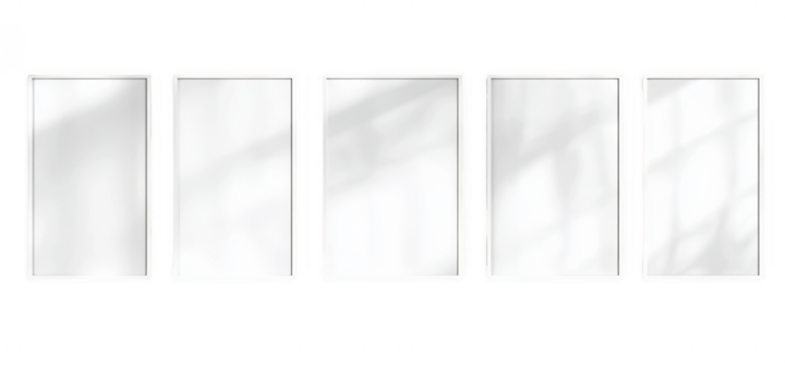 Five blank frames aligned on transparent png background