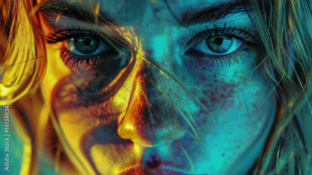 Poster a close-up shot of a woman's face with distinctive freckles, suitable for personal or editorial use
