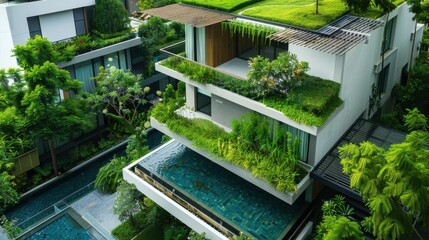 Contemporary residential architecture bordered by greenery and a tranquil water channel creates a serene urban environment.