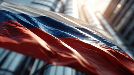 Close-Up View of Russian Flag with Bright Light Reflections and Industrial Structures in the Background