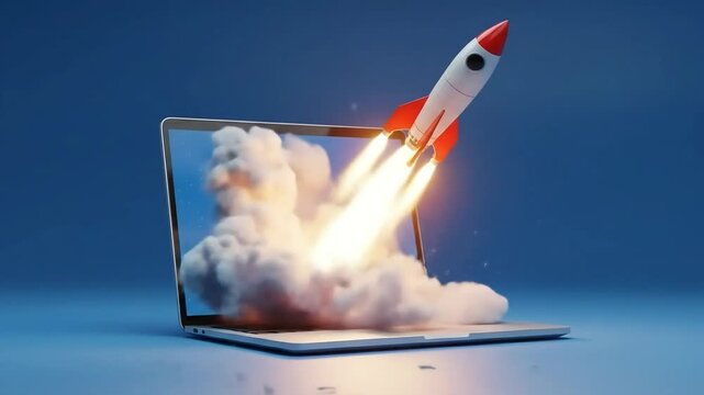 A dynamic rocket blasts off from a modern laptop display, representing fast progress and technological advancement.