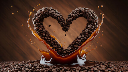 Vibrant heart shape formed by coffee beans and a dynamic splash, emerging from a bed of beans on a wooden background