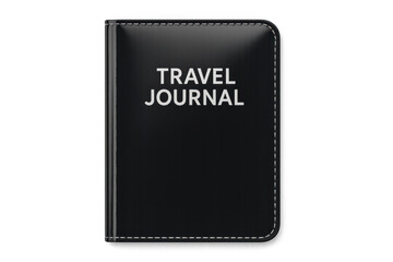 Black travel journal featuring white stitching, lying closed against transparent backdrop, highlighting adventure narratives