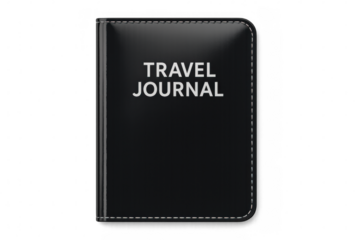 Black travel journal featuring white stitching, lying closed against transparent backdrop, highlighting adventure narratives