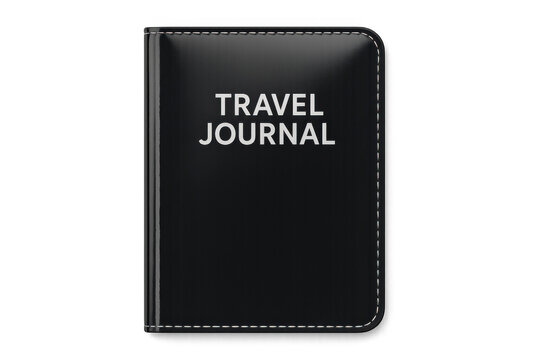 Black travel journal featuring white stitching, lying closed against transparent backdrop, highlighting adventure narratives