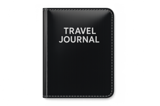 Black travel journal featuring white stitching, lying closed against transparent backdrop, highlighting adventure narratives