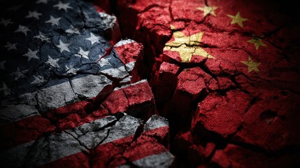 Cracked Flag Imagery Symbolizing Tension Between United States and China in Global Relations and Trade Conflicts