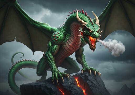 European dragon smoke breathing dragon standing on the land. myth, European, imagination, backgrounds, art, Asian, occult, light, 3d, tattoo, sculpture, sign, audacity .