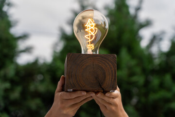 Woman raising glowing lightbulb symbolizing a breakthrough idea, innovation, or strategic solution—creativity and leadership in modern business and entrepreneurship