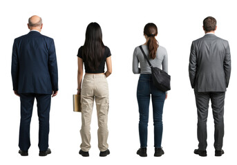 A diverse group of four individuals (elderly man in suit, two young women, middle-aged man in suit) viewed from behind, standing on a clean white studio background with copy space, looking forward,