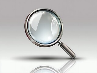 Detailed 3D vector magnifying glass icon with glass reflections on a light grey background