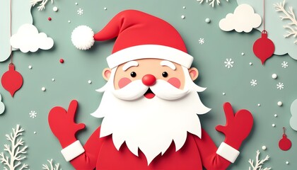 A festive greeting card features a whimsical Santa Claus crafted from layered paper. His iconic red hat, a fluffy white beard, and a stylish mustache are all rendered in a modern paper cut style