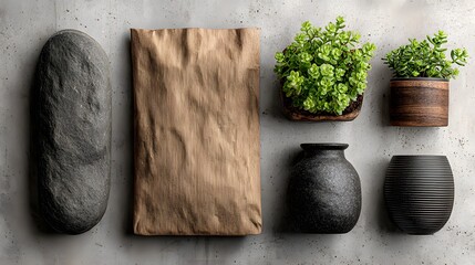 Assorted decorative items on a textured surface.