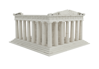 White marble Parthenon, ancient Greek temple with Doric columns, isolated on a pristine transparent studio background, bright shadowless lighting, ultra-photorealistic commercial shot. Concept of