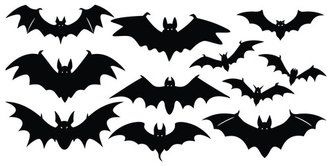 Collection of flying bat silhouettes isolated on white background