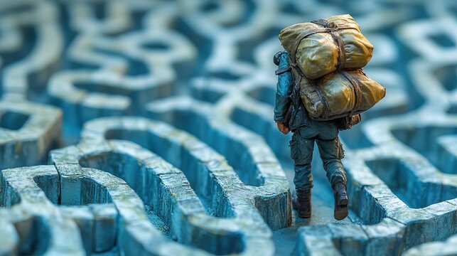 Miniature Figure of Hiker with Heavy Backpack Navigating Through Maze 