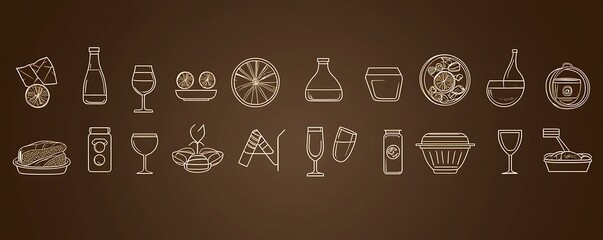 Elegant food and drink outline vector icons in a soft cream color on a dark brown background