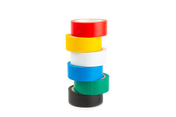 Insulating tape on a bright colored background. Set of different colors insulating tape. Reel...