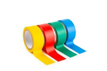 Insulating tape on a bright colored background. Set of different colors insulating tape. Reel...