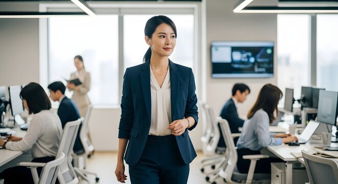 Woman in navy suit walks through modern office with colleagues working