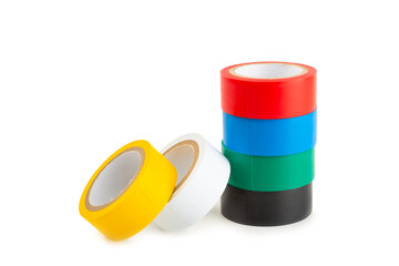 Insulating tape on a bright colored background. Set of different colors insulating tape. Reel...