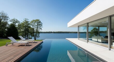Fototapeta premium Modern luxury home with infinity pool overlooking a serene lake